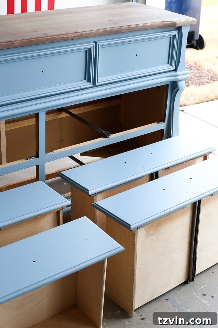 Reviving a Dresser with French Blue 6 French Blue Dresser Makeover | blesserhouse.com - An orange wood thrifted dresser gets a French blue makeover using Fusion Mineral Paint in Champness and Homestead House Wax in Espresso.