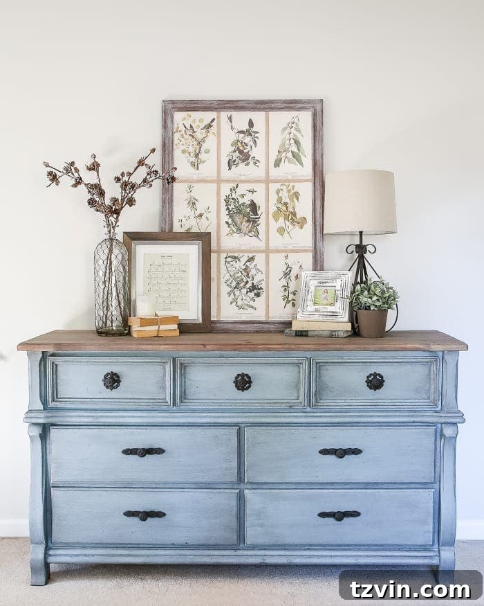Reviving a Dresser with French Blue 8 French Blue Dresser Makeover | blesserhouse.com - An orange wood thrifted dresser gets a French blue makeover using Fusion Mineral Paint in Champness and Homestead House Wax in Espresso.