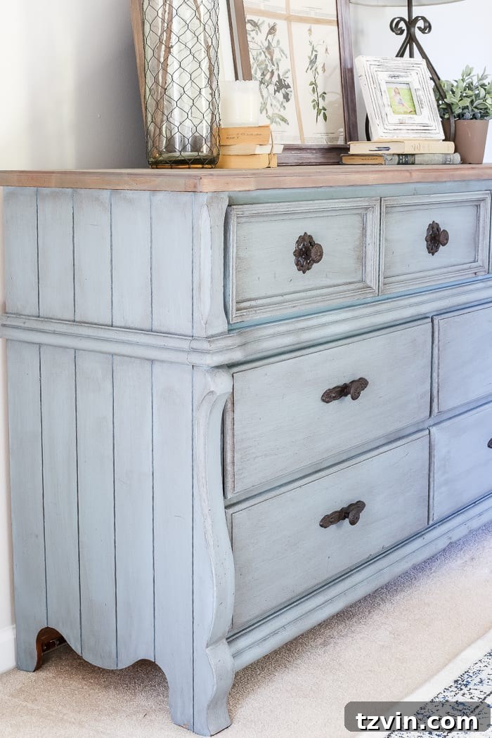 Reviving a Dresser with French Blue 10 French Blue Dresser Makeover | blesserhouse.com - An orange wood thrifted dresser gets a French blue makeover using Fusion Mineral Paint in Champness and Homestead House Wax in Espresso.
