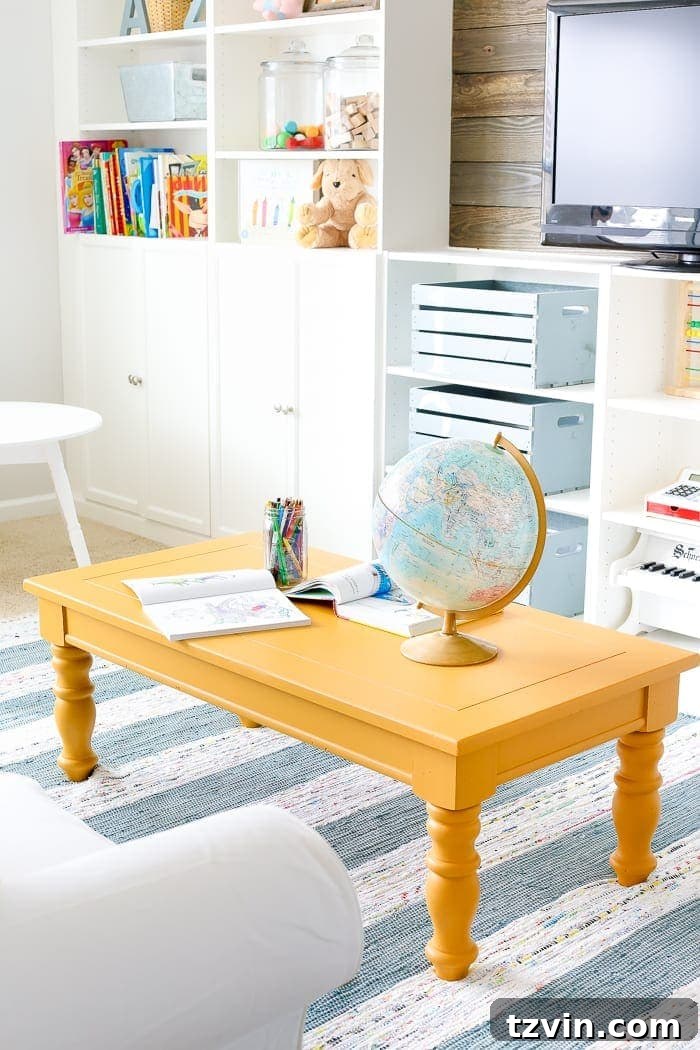 Playroom Coffee Table's Mustard Glow Up 11 Mustard Playroom Coffee Table Makeover | blesserhouse.com - An old thrifted wooden coffee table gets a bright and cheerful makeover using Fusion Mineral Paint in Mustard for a fun addition to a playroom.
