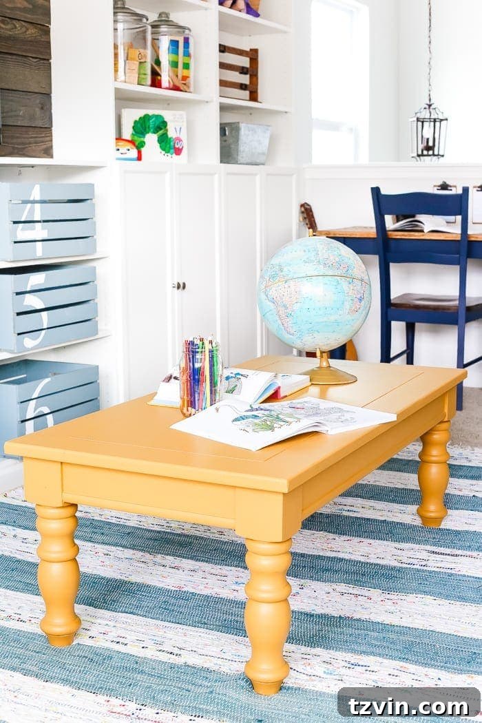 Playroom Coffee Table's Mustard Glow Up 12 Mustard Playroom Coffee Table Makeover | blesserhouse.com - An old thrifted wooden coffee table gets a bright and cheerful makeover using Fusion Mineral Paint in Mustard for a fun addition to a playroom.