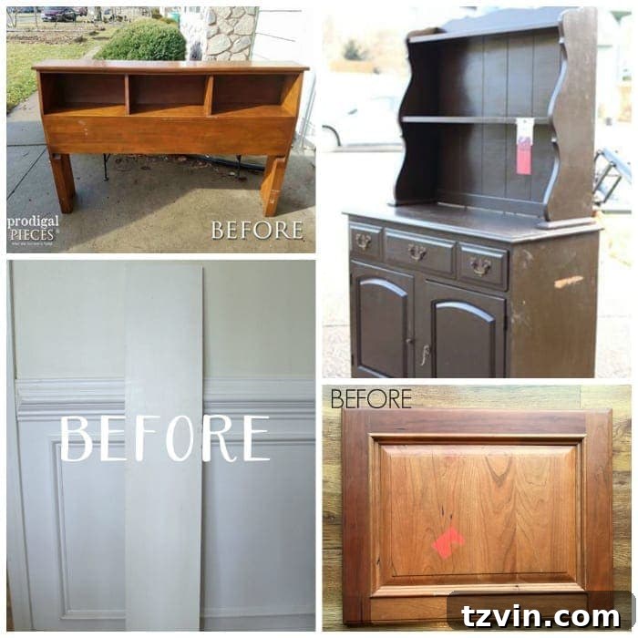 Playroom Coffee Table's Mustard Glow Up 14 A collage of various furniture makeovers and DIY projects from the Trash to Treasure Tuesday blogger friends, including a repurposed bookcase headboard bench, an ugly brown hutch makeover, a repurposed cabinet door, and a DIY farmhouse gather sign.