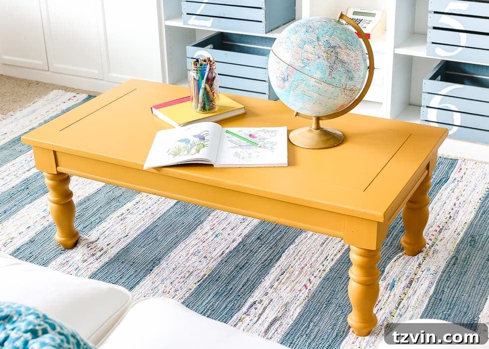 Playroom Coffee Table's Mustard Glow Up 6 Mustard Playroom Coffee Table Makeover | blesserhouse.com - An old thrifted wooden coffee table gets a bright and cheerful makeover using Fusion Mineral Paint in Mustard for a fun addition to a playroom.