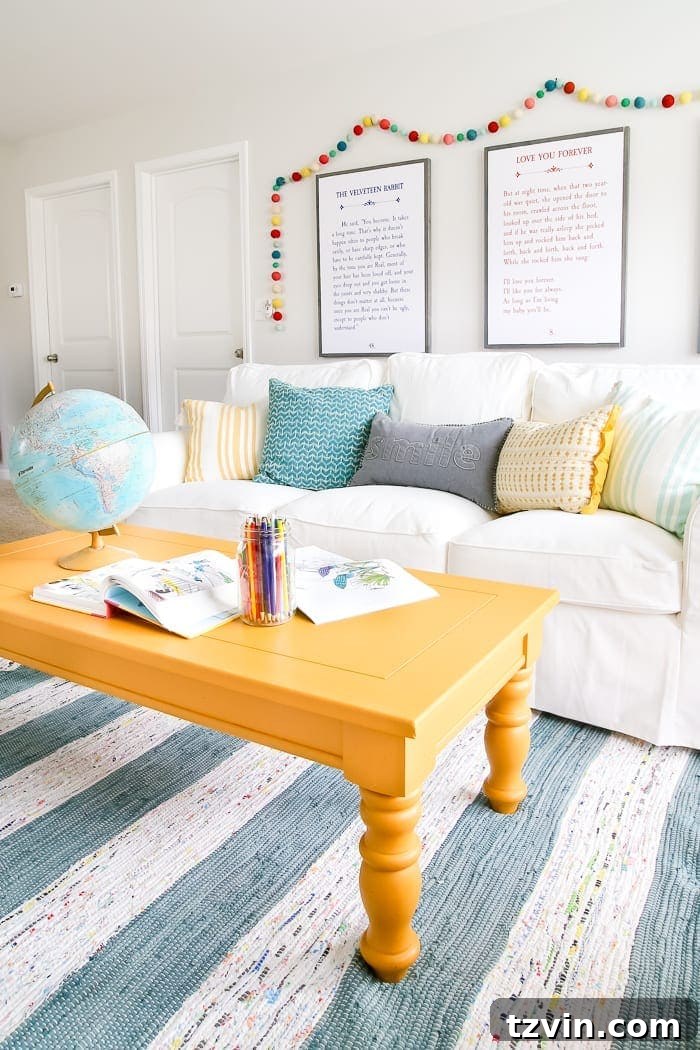 Playroom Coffee Table's Mustard Glow Up 8 Mustard Playroom Coffee Table Makeover | blesserhouse.com - An old thrifted wooden coffee table gets a bright and cheerful makeover using Fusion Mineral Paint in Mustard for a fun addition to a playroom.