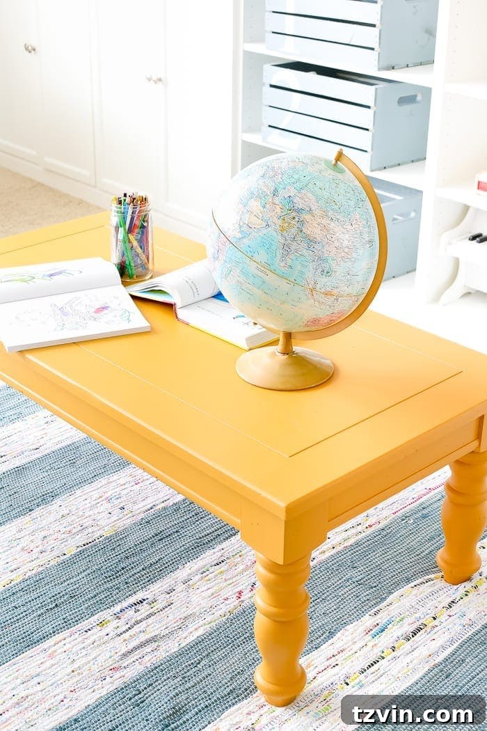 Playroom Coffee Table's Mustard Glow Up 9 Mustard Playroom Coffee Table Makeover | blesserhouse.com - An old thrifted wooden coffee table gets a bright and cheerful makeover using Fusion Mineral Paint in Mustard for a fun addition to a playroom.