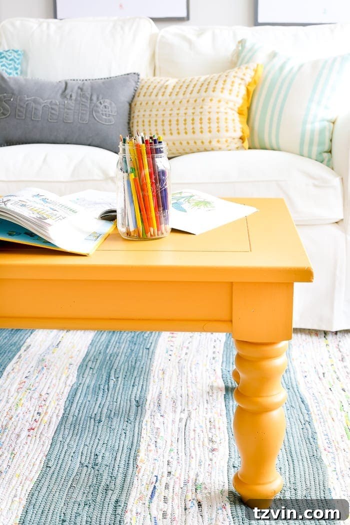 Playroom Coffee Table's Mustard Glow Up 10 Mustard Playroom Coffee Table Makeover | blesserhouse.com - An old thrifted wooden coffee table gets a bright and cheerful makeover using Fusion Mineral Paint in Mustard for a fun addition to a playroom.