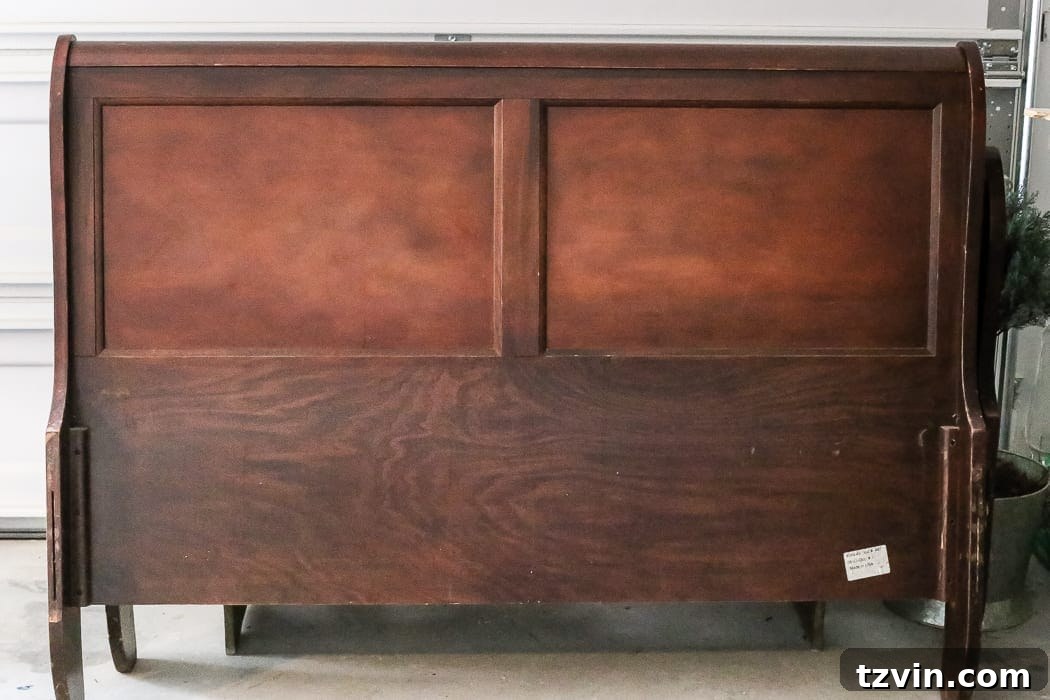 Weathered Wood Bed: A Painted Transformation 2 Painted Weathered Wood Bed Makeover | blesserhouse.com - A thrifted bed gets a painted weathered wood Restoration Hardware look with no messy furniture stripping and in 3 quick steps.