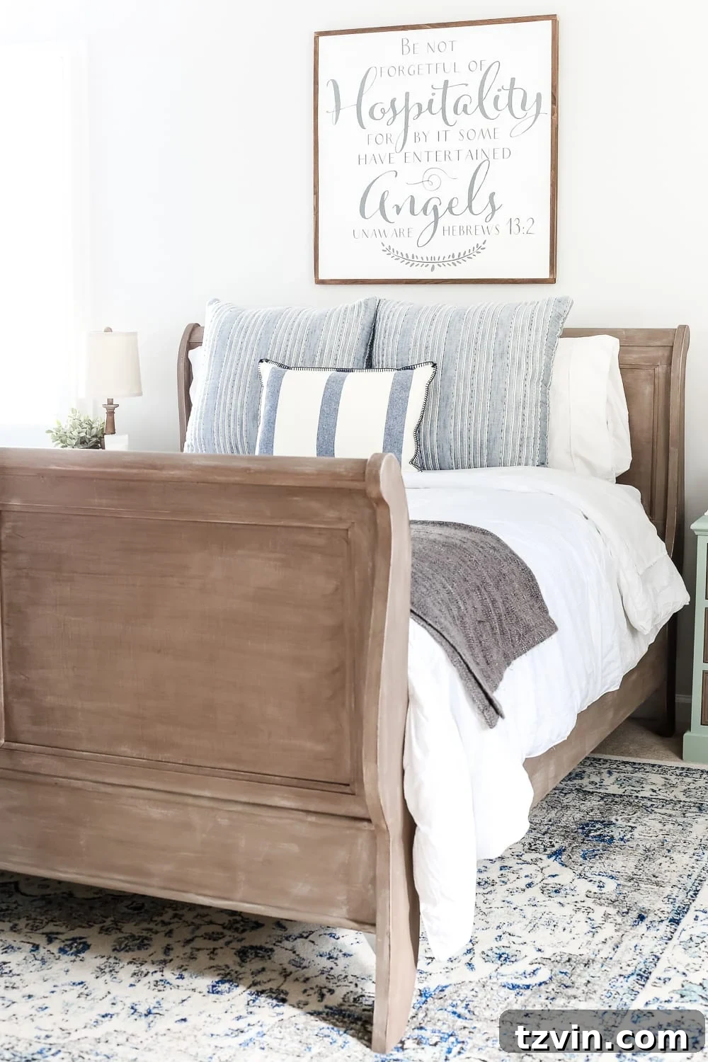 Weathered Wood Bed: A Painted Transformation 15 Painted Weathered Wood Bed Makeover | blesserhouse.com - A thrifted bed gets a painted weathered wood Restoration Hardware look with no messy furniture stripping and in 3 quick steps.