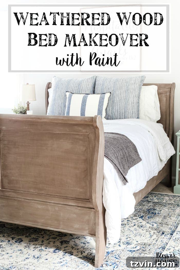 Weathered Wood Bed: A Painted Transformation 17 Painted Weathered Wood Bed Makeover | blesserhouse.com - A thrifted bed gets a painted weathered wood Restoration Hardware look with no messy furniture stripping and in 3 quick steps.