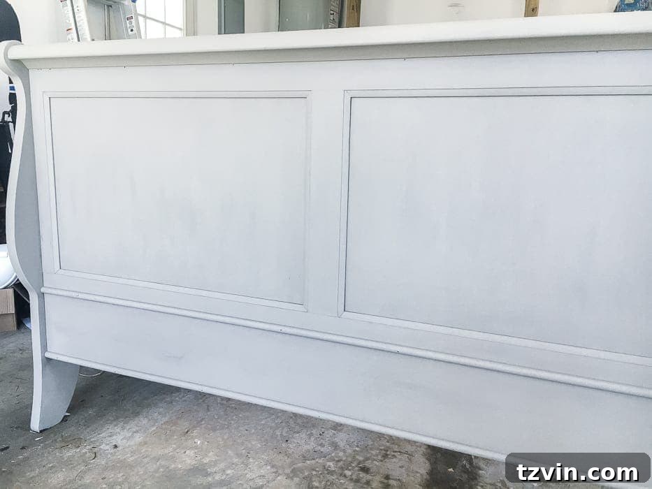 Weathered Wood Bed: A Painted Transformation 4 Painted Weathered Wood Bed Makeover | blesserhouse.com - A thrifted bed gets a painted weathered wood Restoration Hardware look with no messy furniture stripping and in 3 quick steps.