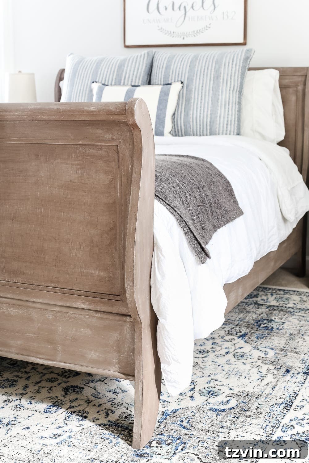 Weathered Wood Bed: A Painted Transformation 9 Painted Weathered Wood Bed Makeover | blesserhouse.com - A thrifted bed gets a painted weathered wood Restoration Hardware look with no messy furniture stripping and in 3 quick steps.