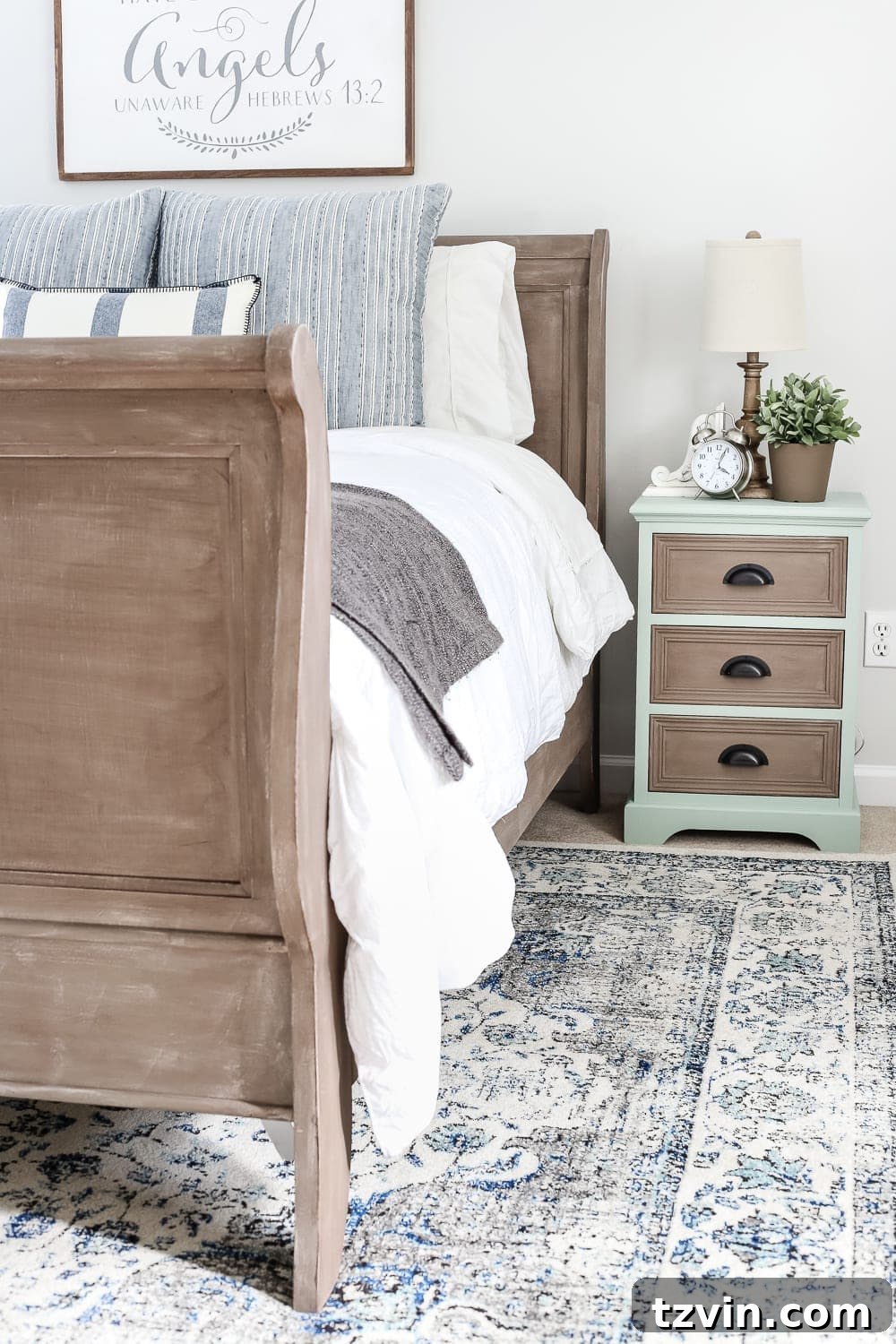 Weathered Wood Bed: A Painted Transformation 10 Painted Weathered Wood Bed Makeover | blesserhouse.com - A thrifted bed gets a painted weathered wood Restoration Hardware look with no messy furniture stripping and in 3 quick steps.
