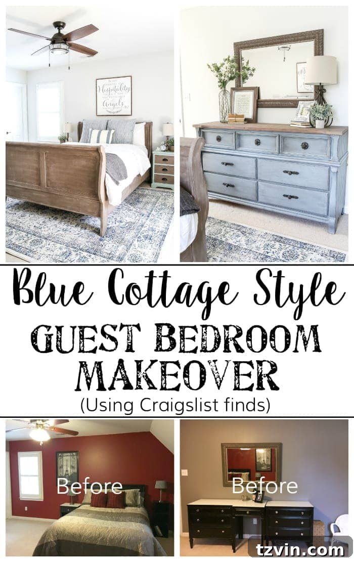Pin this post: Blue Cottage Style Guest Bedroom Makeover