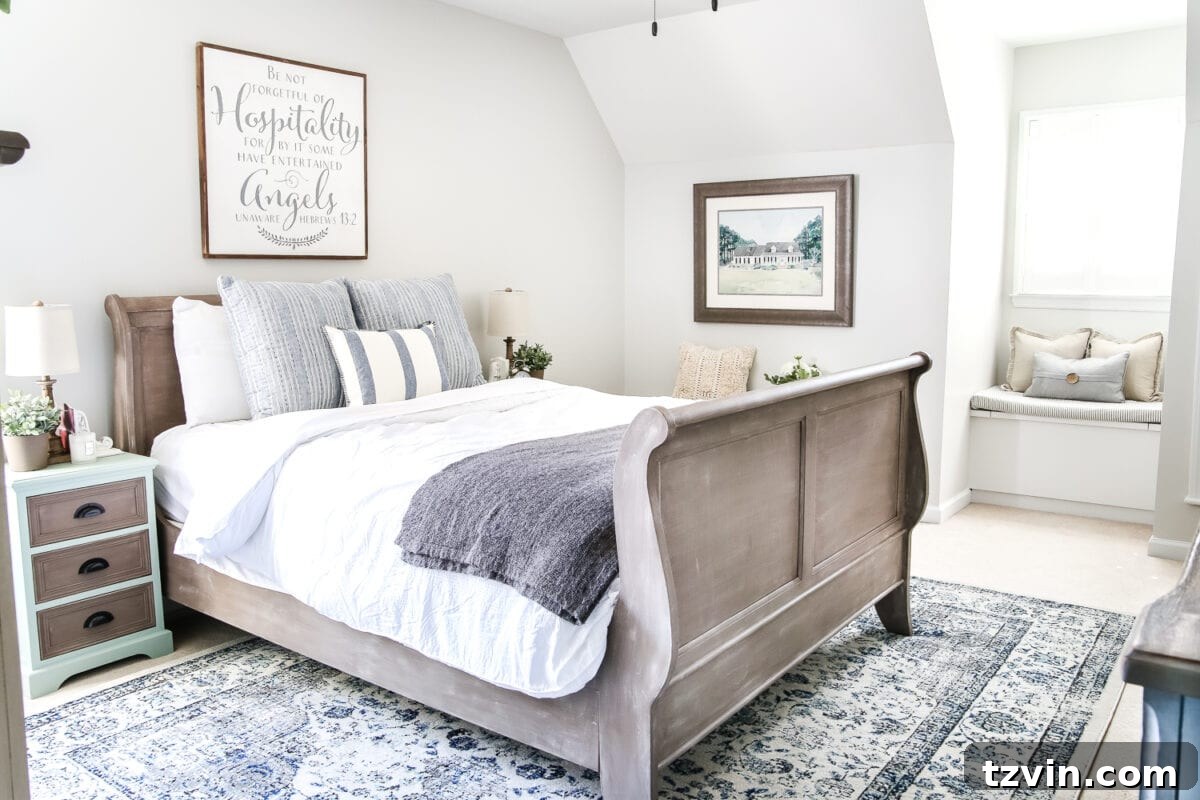 Guest bedroom after with blue bedding and cottage decor