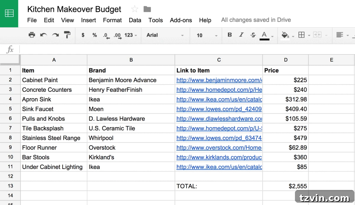 how to decorate a room by setting a budget on a spreadsheet with itemized costs