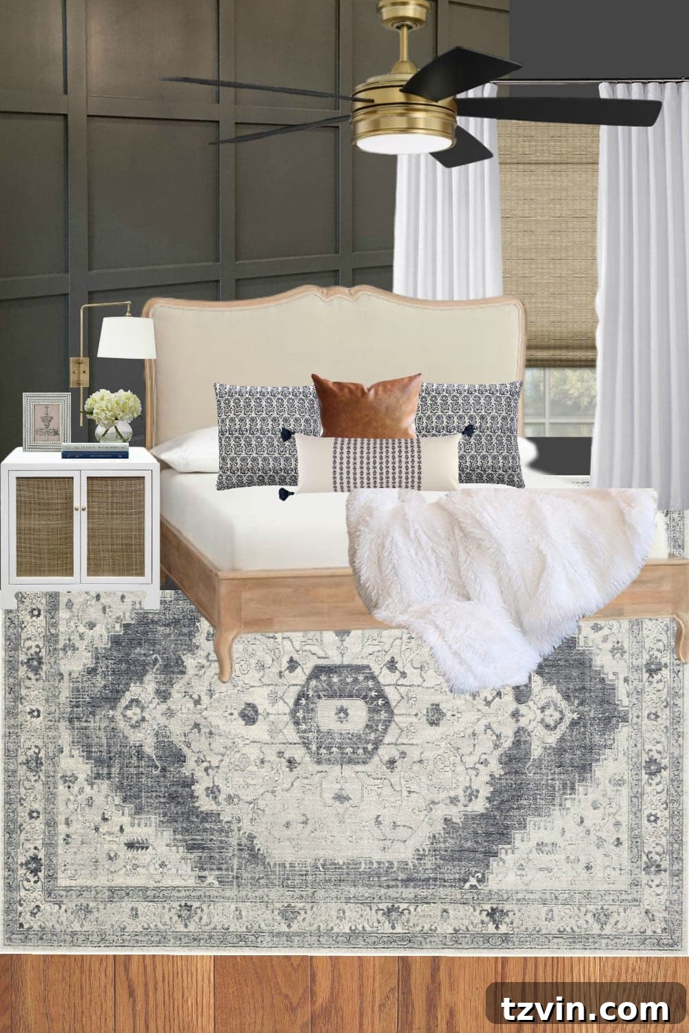 room design mood board for a modern French style master bedroom