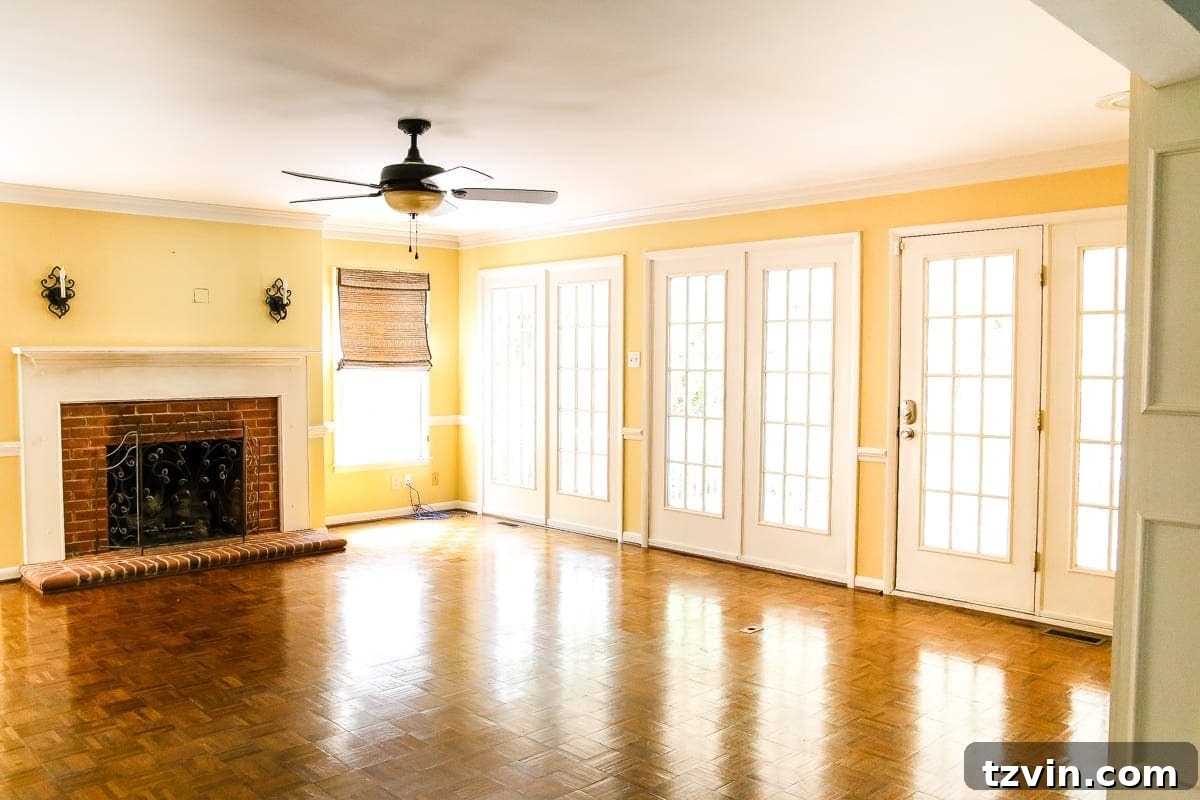 New House Interior Blank Slate Tour 13 Living Room Renovation Ideas - Fireplace Makeover and Wood Beams