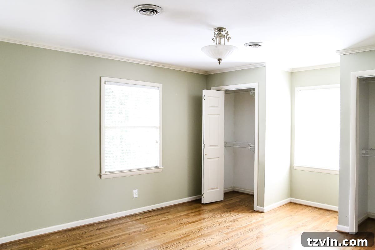 New House Interior Blank Slate Tour 23 Master Bedroom Renovation - Ceiling Fan and Architectural Details