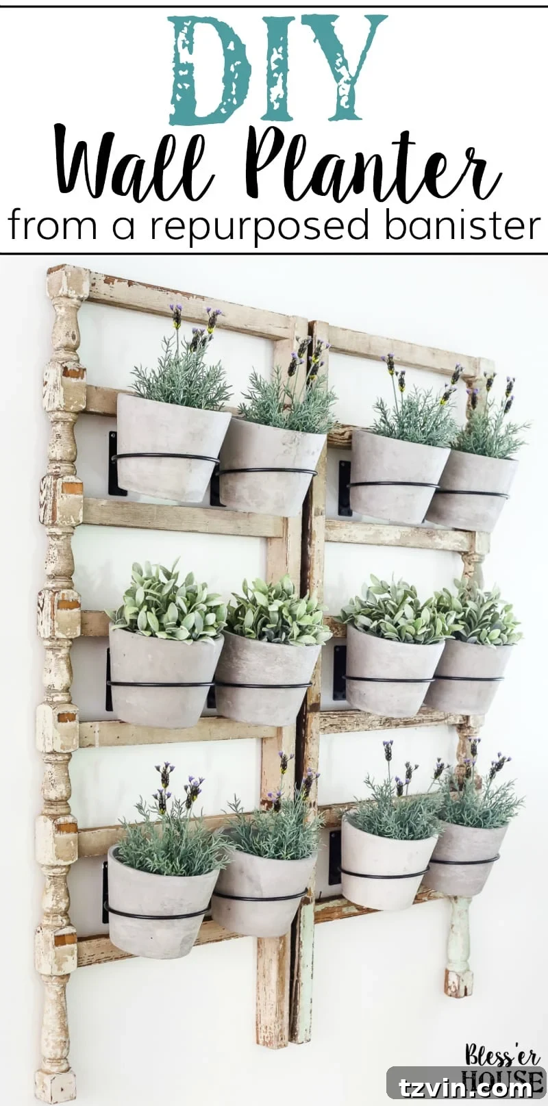 Upcycled Banister Wall Planter 14 Pinterest Pin for DIY Antique Banister Wall Planter Tutorial, a guide for upcycling vintage banisters into unique home decor
