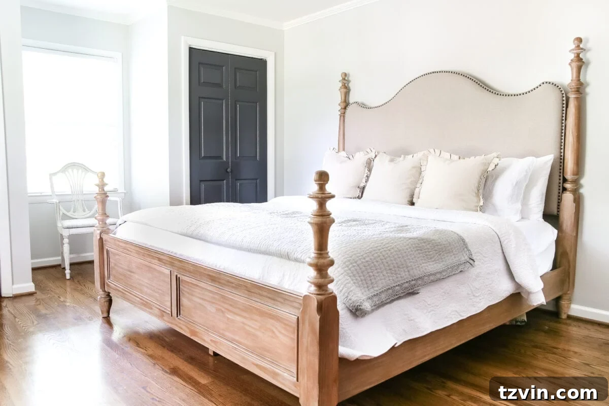 Coastal Charm with Pickled Pine Furniture in the Master Retreat 3 Master Bedroom Update: Pickled Pine Furniture | blesserhouse.com - A beautiful whitewashed pine bed and dresser in a newly decorated master bedroom.