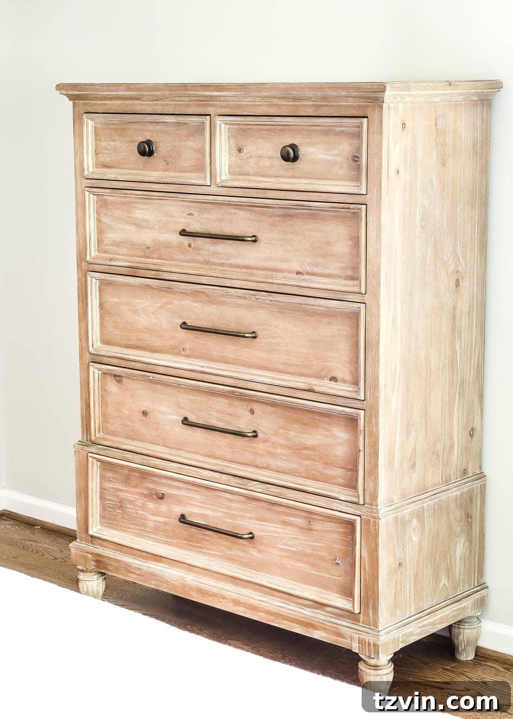 Coastal Charm with Pickled Pine Furniture in the Master Retreat 7 Master Bedroom Update: Pickled Pine Furniture | blesserhouse.com - An antique-inspired chest of drawers, part of the new pickled pine bedroom set.