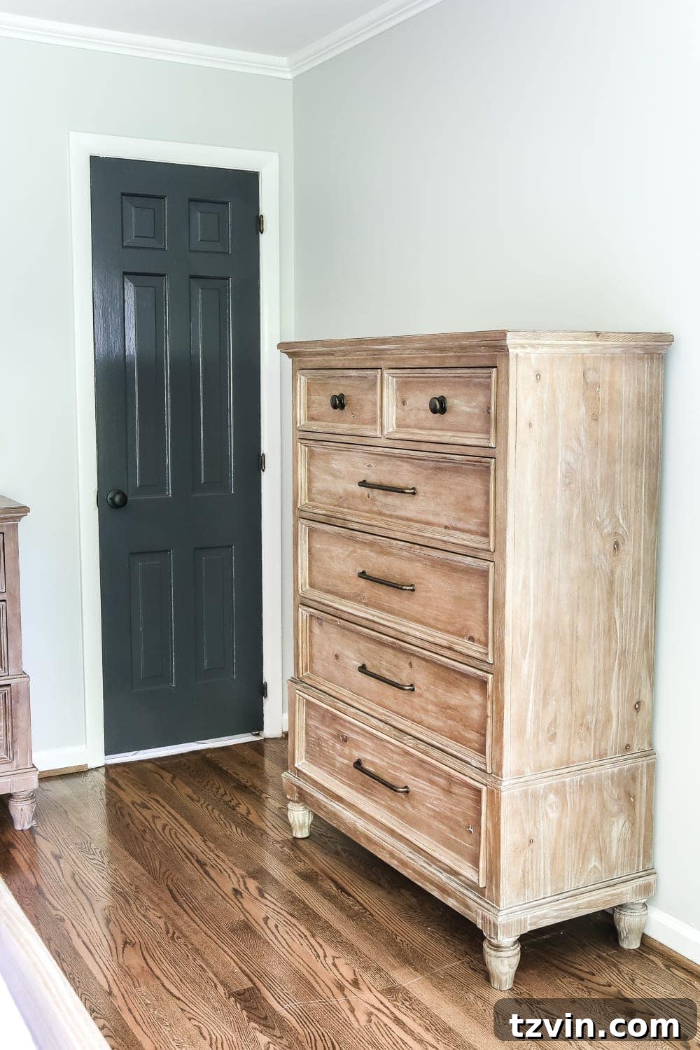 Coastal Charm with Pickled Pine Furniture in the Master Retreat 8 Master Bedroom Update: Pickled Pine Furniture | blesserhouse.com - Overview of the master bedroom, showing the placement of the new pickled pine furniture.