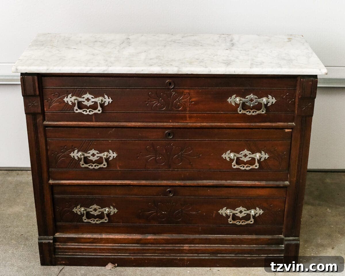 Victorian Spoon-Carved Marble Top Chest Before Makeover