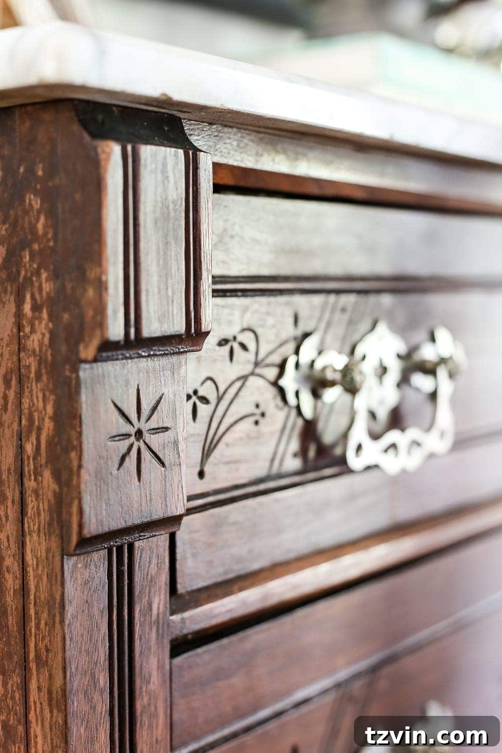Detailed View of Victorian Chest's Restored Wood Finish
