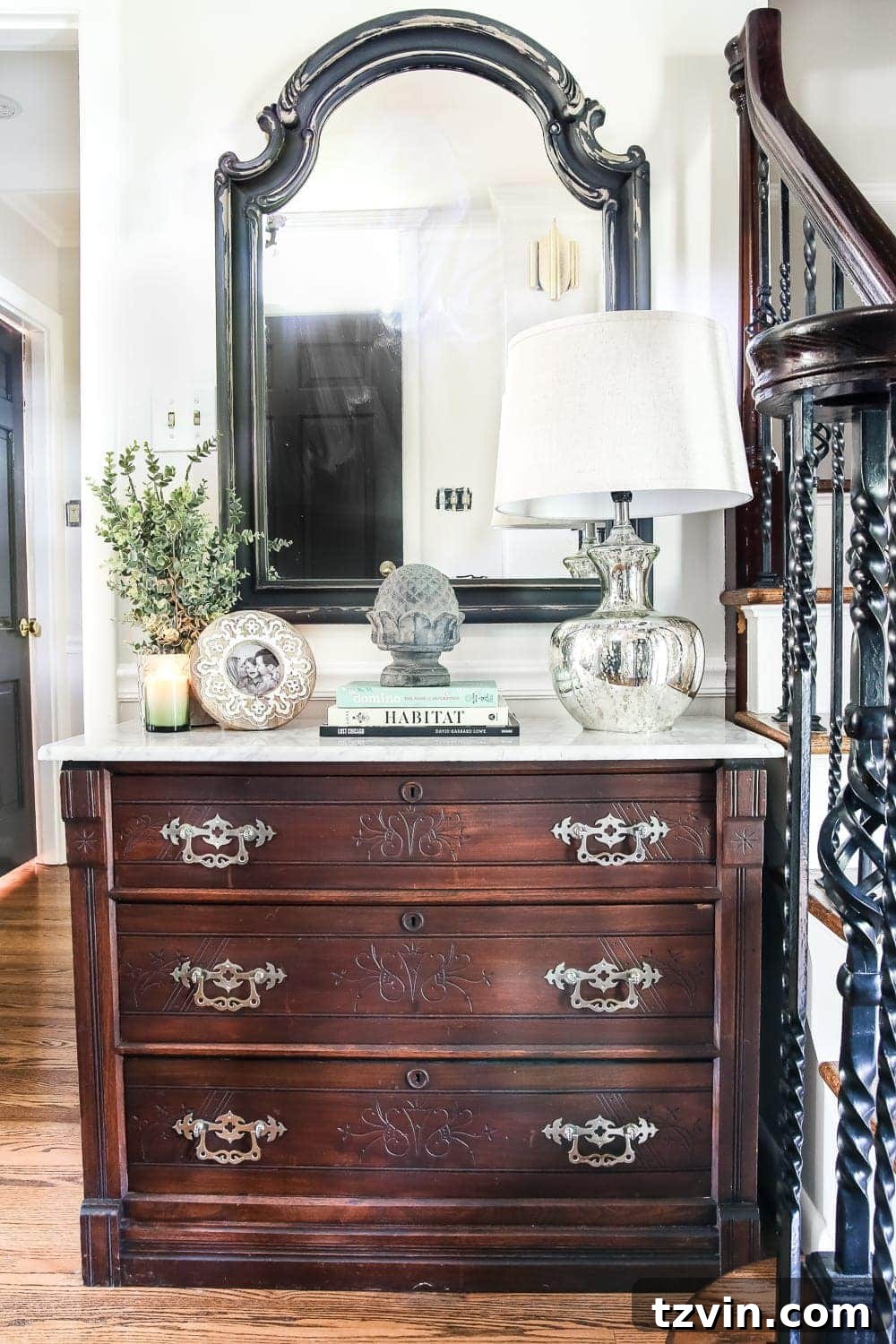 Foyer Decor: Distressed Charcoal Mirror Above Chest