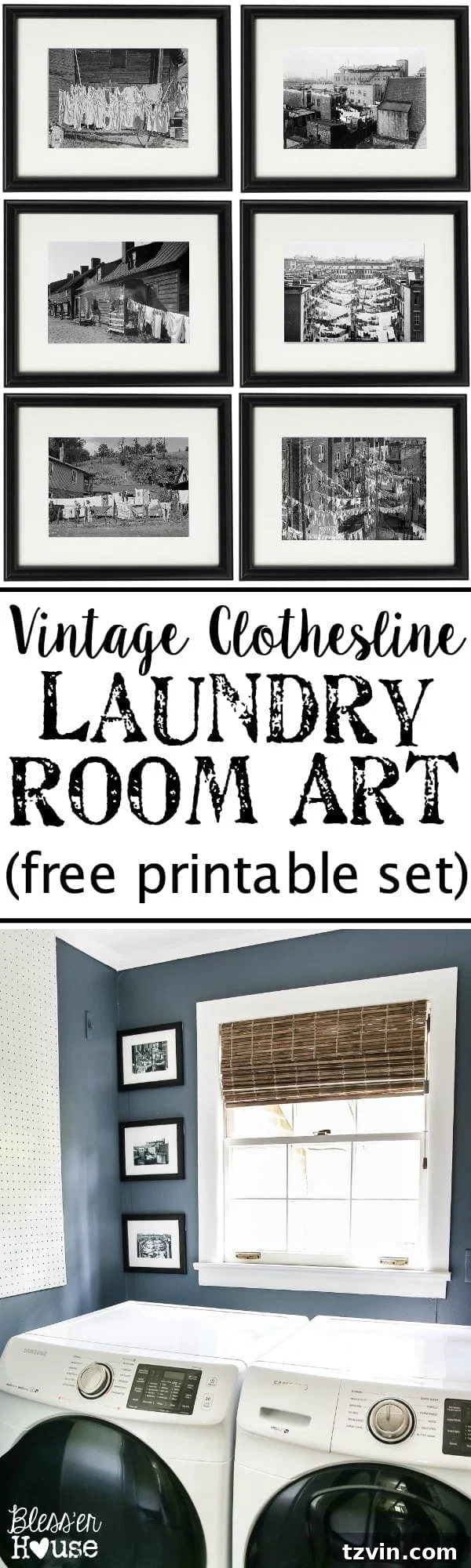 Charming Vintage Laundry Day Art Prints 14 Vintage Clothesline Laundry Room Art Printable Set | blesserhouse.com - A free downloadable printable set of 6 vintage black & white clothesline cityscape and countryscape photos perfect for framing in a laundry room.