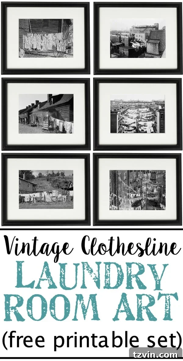 Charming Vintage Laundry Day Art Prints 7 Vintage Clothesline Laundry Room Art Printable Set | blesserhouse.com - A free downloadable printable set of 6 vintage black & white clothesline cityscape and countryscape photos perfect for framing in a laundry room.