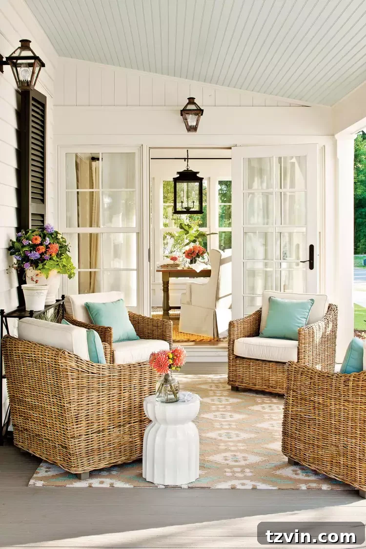 back porch with rattan chairs