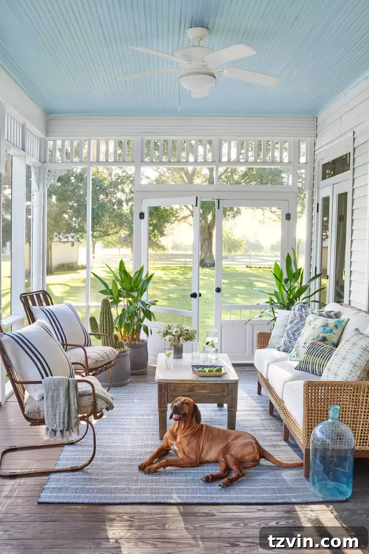 farmhouse porch with blue ceiling