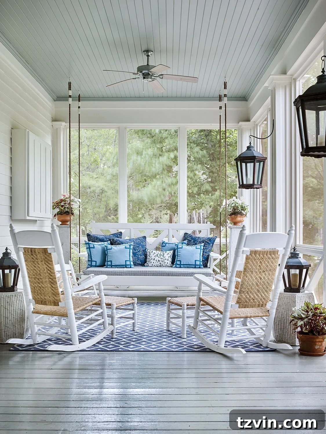 southern porch with bed swing and rocking chairs