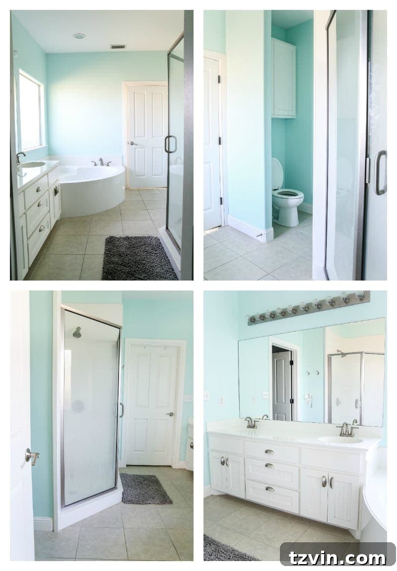 Lowes Bathroom Remodel Showcase 3 Before photo of a dated shower and vanity area in a builder-grade bathroom.