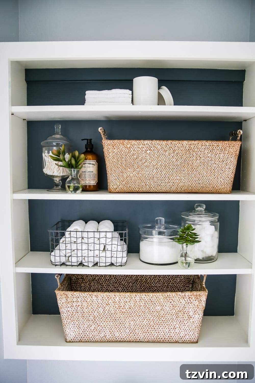 Lowes Bathroom Remodel Showcase 30 Open shelving in the water closet, styled with apothecary jars and baskets for organized storage.