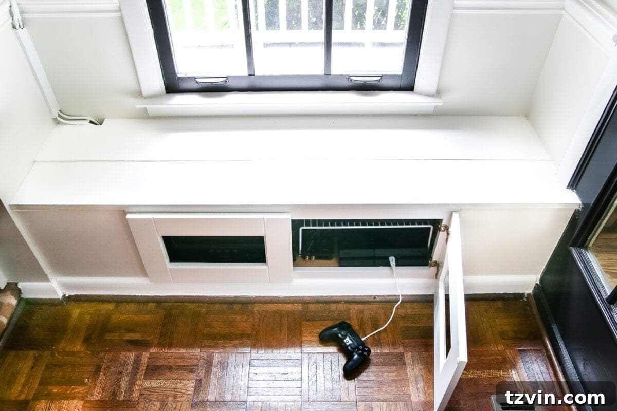 Kitchen Cabinet Window Seat Transformation 11 DIY Window Seat from a Kitchen Cabinet | blesserhouse.com - A simplified tutorial for how to build a DIY window seat using a prefabbed kitchen cabinet to house electronics and hide cords.