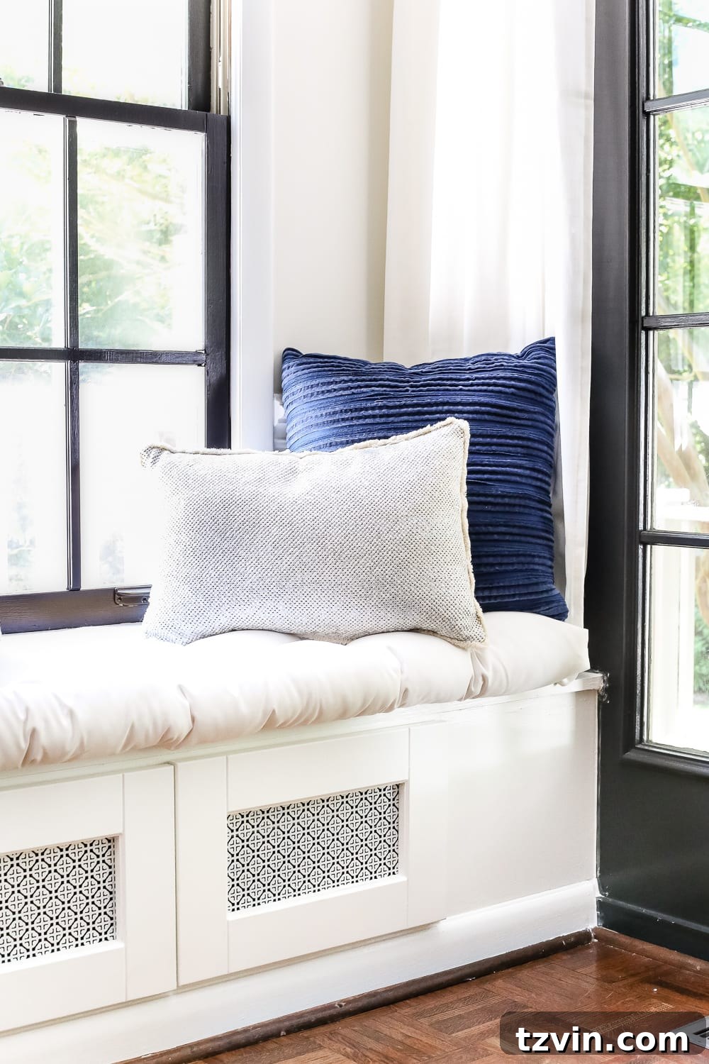 Kitchen Cabinet Window Seat Transformation 16 DIY Window Seat from a Kitchen Cabinet | blesserhouse.com - A simplified tutorial for how to build a DIY window seat using a prefabbed kitchen cabinet to house electronics and hide cords.