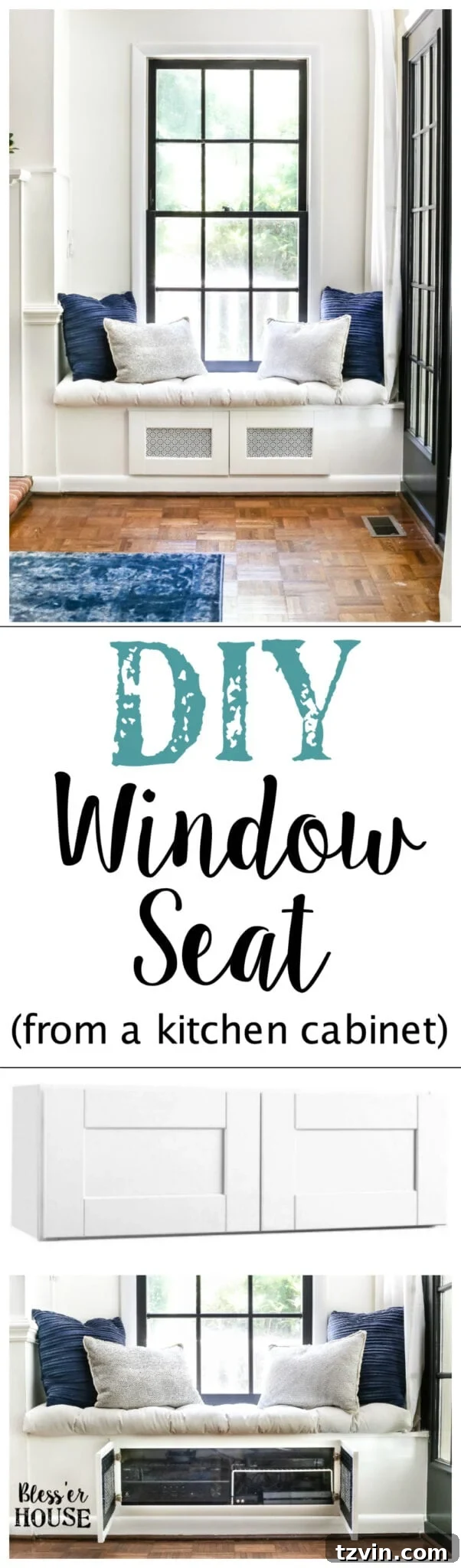 Kitchen Cabinet Window Seat Transformation 19 DIY Window Seat from a Kitchen Cabinet | blesserhouse.com - A simplified tutorial for how to build a DIY window seat using a prefabbed kitchen cabinet to house electronics and hide cords.
