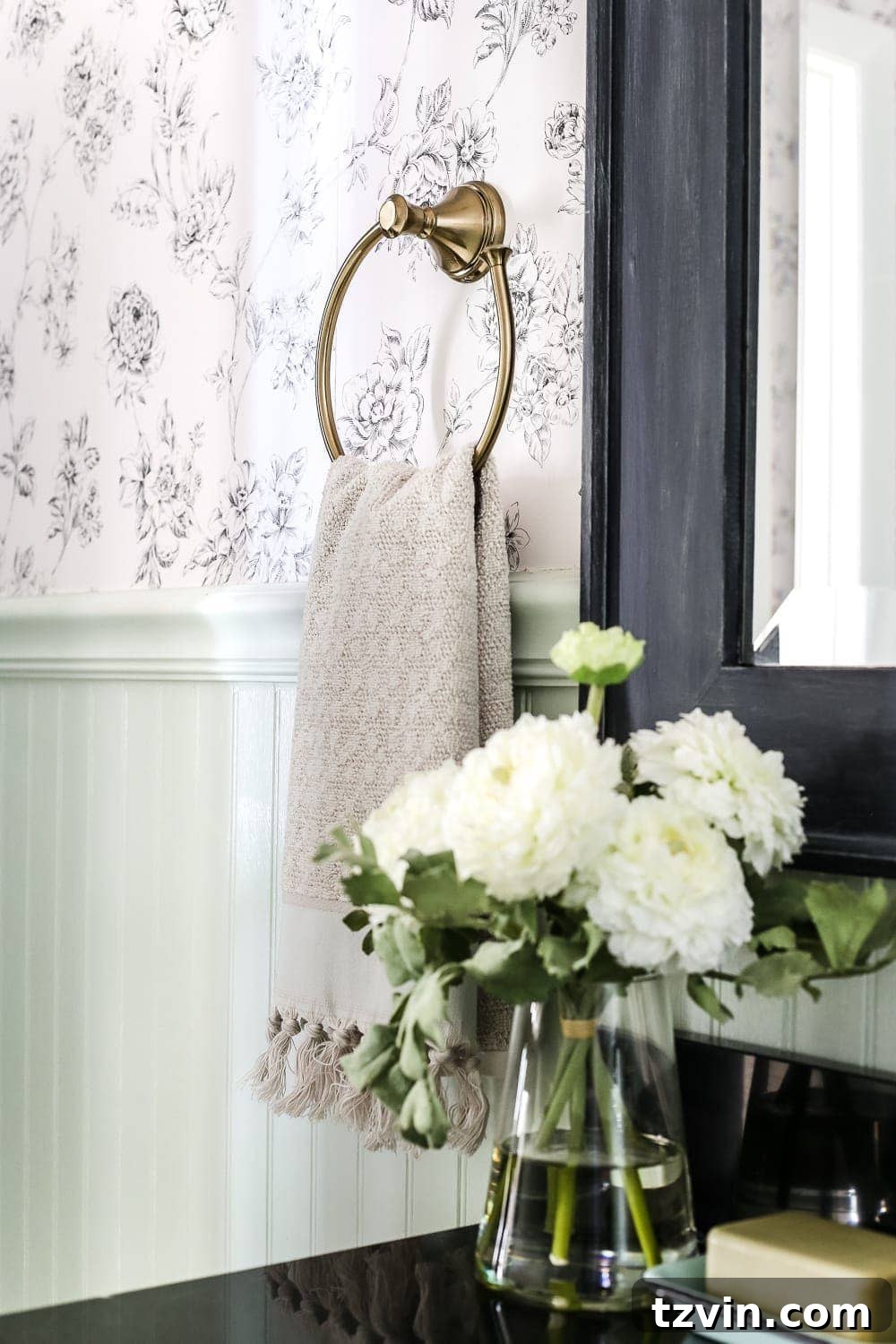 Cassidy Towel Ring in Champagne Bronze | blesserhouse.com - A dated powder room gets a modern meets traditional, urban meets farmhouse makeover with aquas, black and white, and antique brass. 