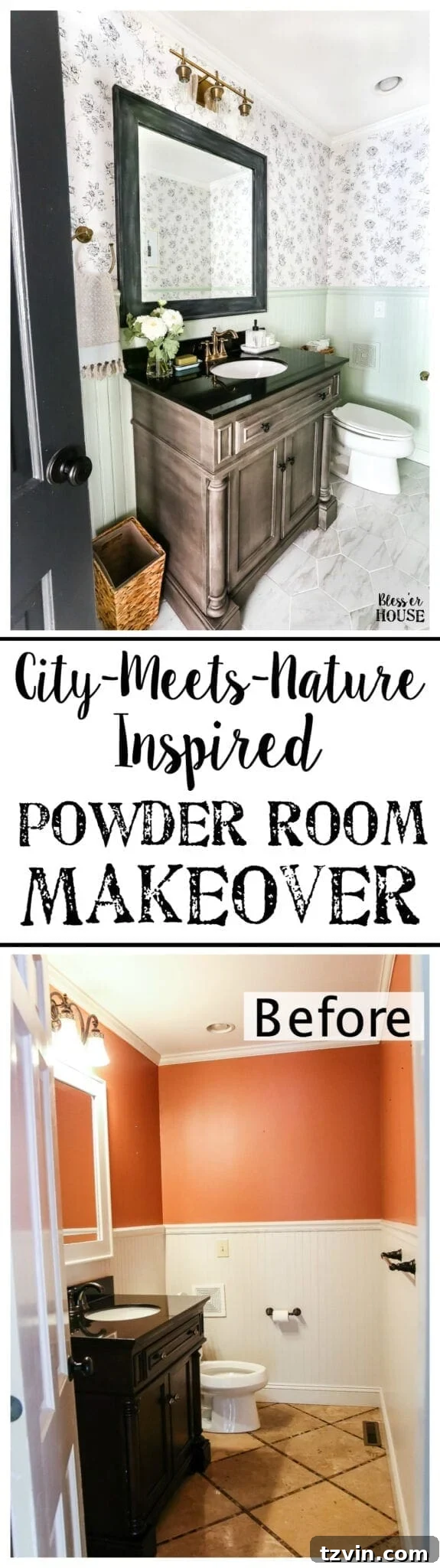 Powder Room Makeover Inspiration Pin | blesserhouse.com - A dated powder room gets a modern meets traditional, urban meets farmhouse makeover with aquas, black and white, and antique brass. 