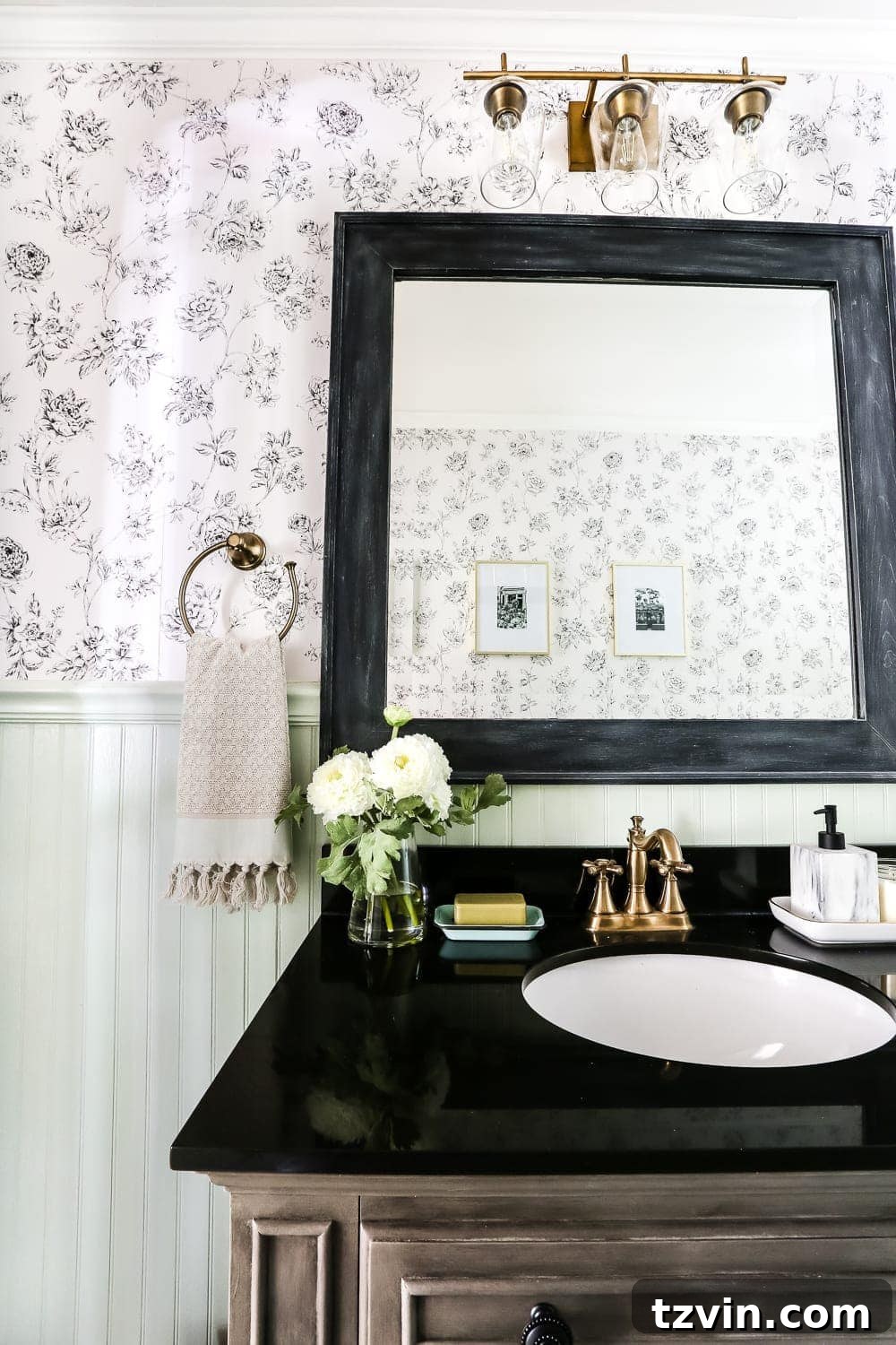 Industrial Mirror Makeover Powder Room | blesserhouse.com - A dated powder room gets a modern meets traditional, urban meets farmhouse makeover with aquas, black and white, and antique brass. 
