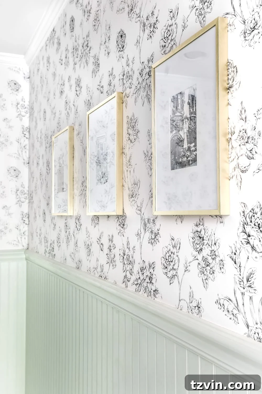 Black Floral Wallpaper in Powder Room | blesserhouse.com - A dated powder room gets a modern meets traditional, urban meets farmhouse makeover with aquas, black and white, and antique brass. 
