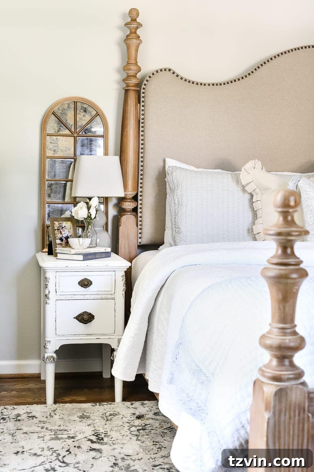 The finished mirror on a bedside table