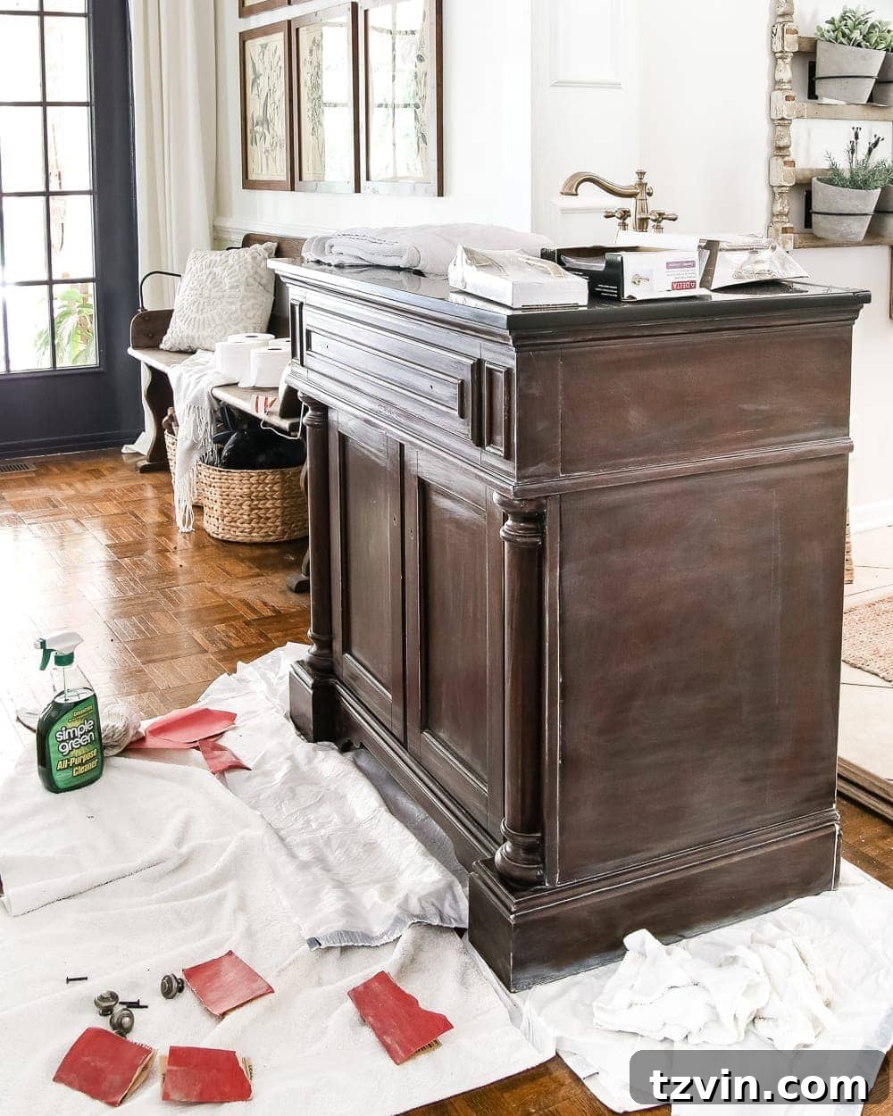 Rustic Gray Wood Vanity Transformation 2 A beautifully transformed bathroom vanity with a weathered gray wood finish achieved using chalk paint and wax.