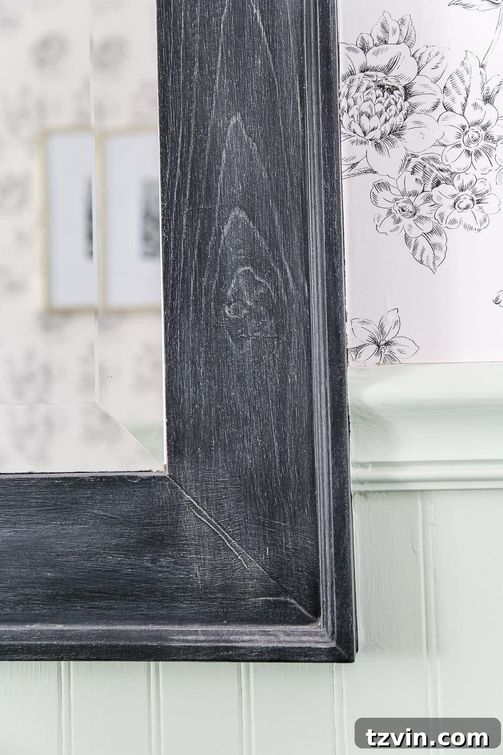 Textured Reflections: Dry Brush Black Mirror 3 Dry Brushed Black Mirror Makeover | blesserhouse.com - A plain, white painted bathroom mirror gets a high-drama weathered makeover with black paint and dry brushing. (Tutorial)