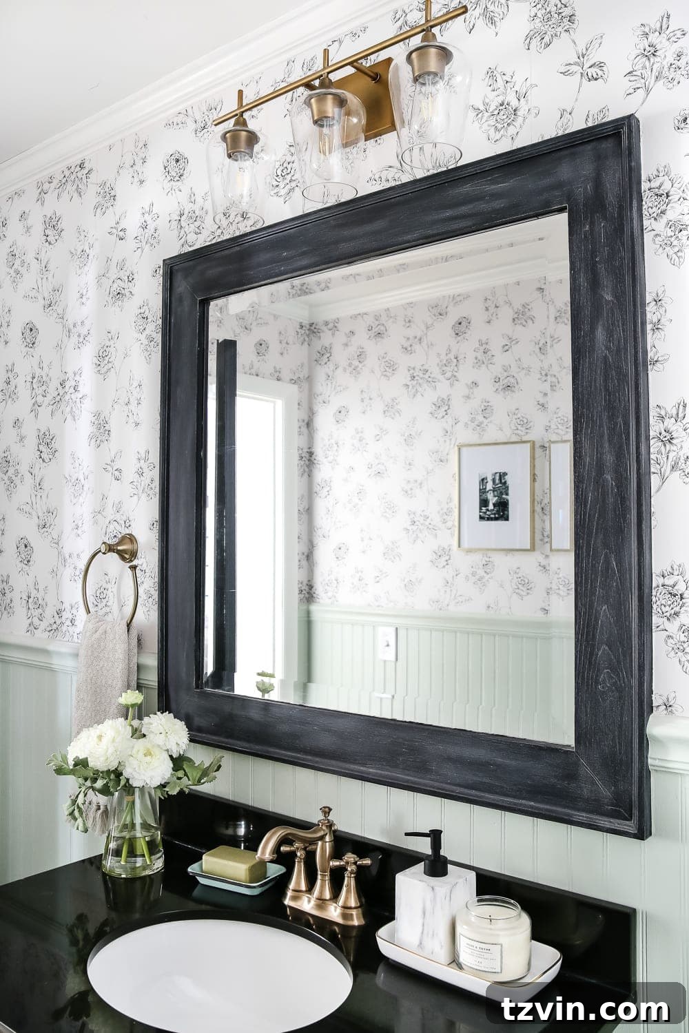 Textured Reflections: Dry Brush Black Mirror 5 Dry Brushed Black Mirror Makeover | blesserhouse.com - A plain, white painted bathroom mirror gets a high-drama weathered makeover with black paint and dry brushing. (Tutorial)