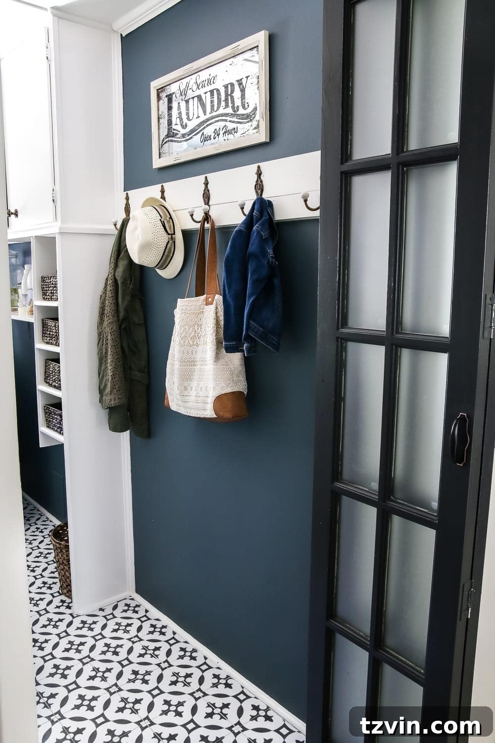Full view of the updated laundry room floor with Moroccan design.