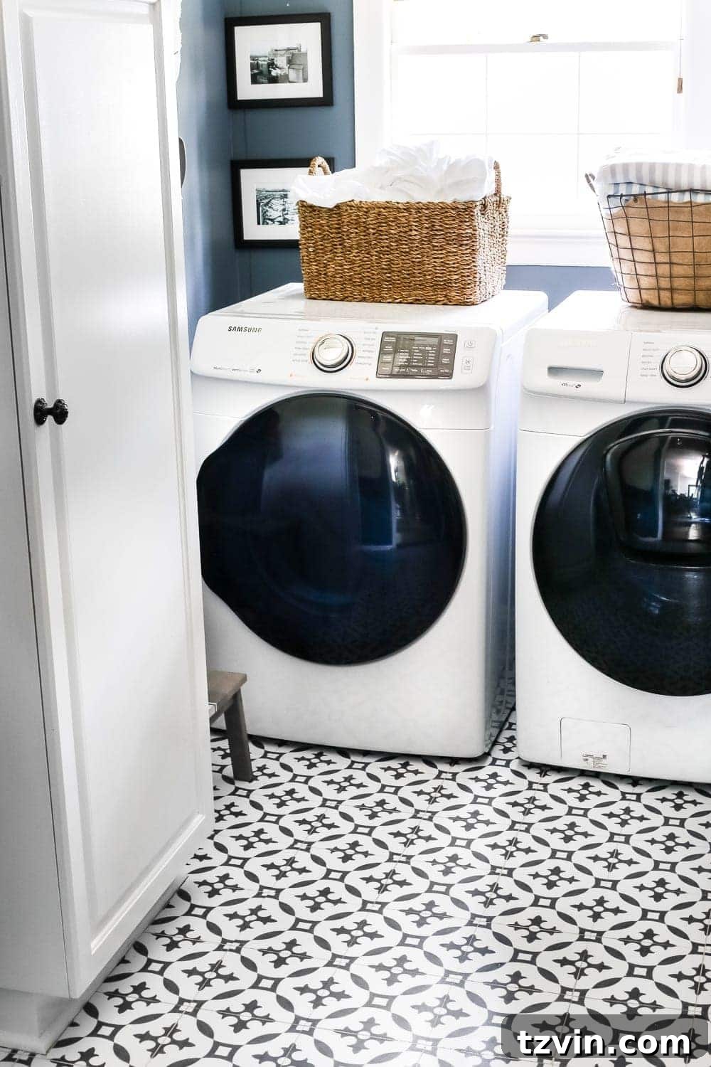 Bright and clean laundry room floor with patterned vinyl tiles.
