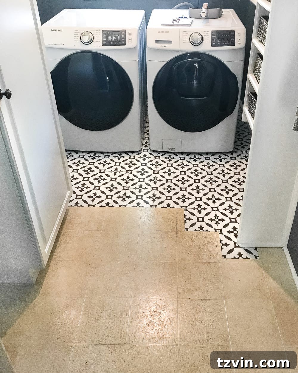 Completed Moroccan peel and stick vinyl tile floor in a laundry room.